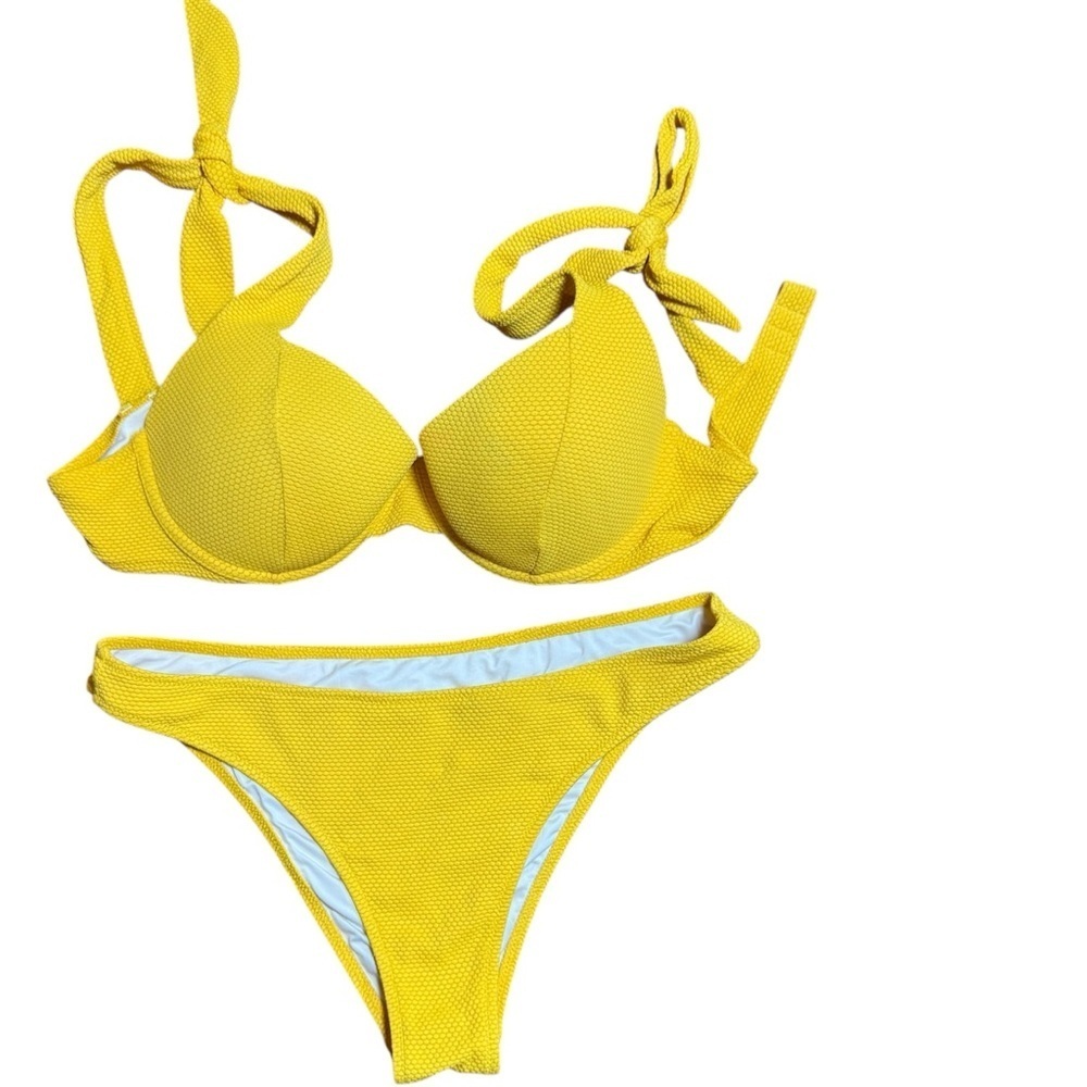 Shade Shore Yellow Textured Bikini Set Underwire Top 34C Bottoms Small